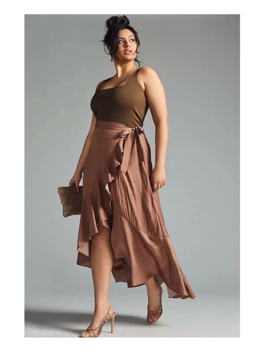 Anthropologie Maeve Ruffled Wrap Maxi Skirt High-Low Satin Brown